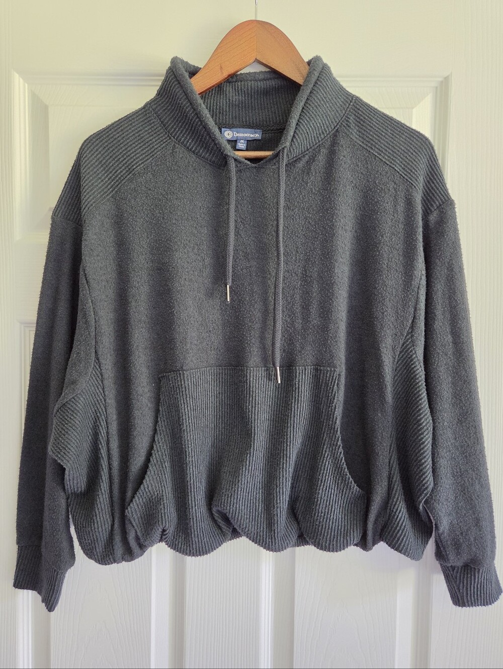 Democracy Charcoal Mixed Media Bubble Hem Cowl Neck Crop Sweater, Medium